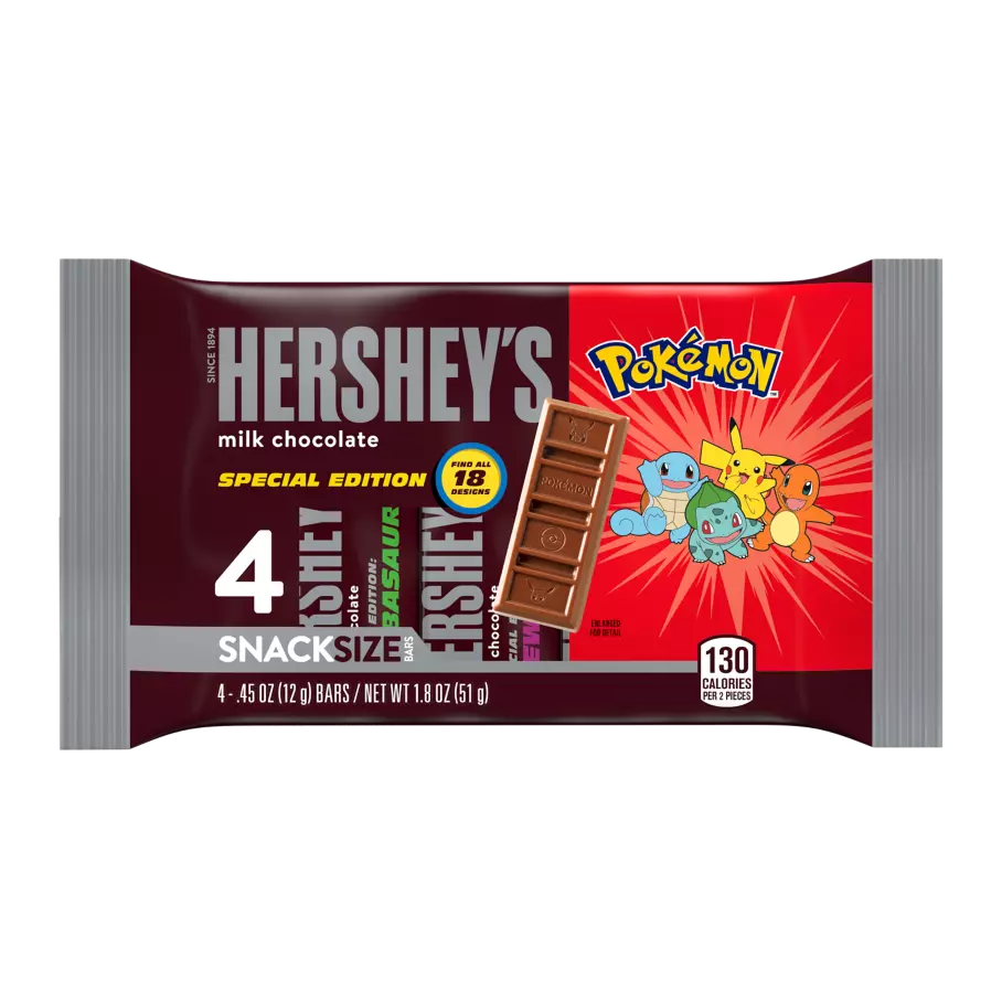 HERSHEY'S Milk Chocolate Snack Size Pokémon Special Edition Candy Bars, 0.45 oz, 4 pack - Front of Package