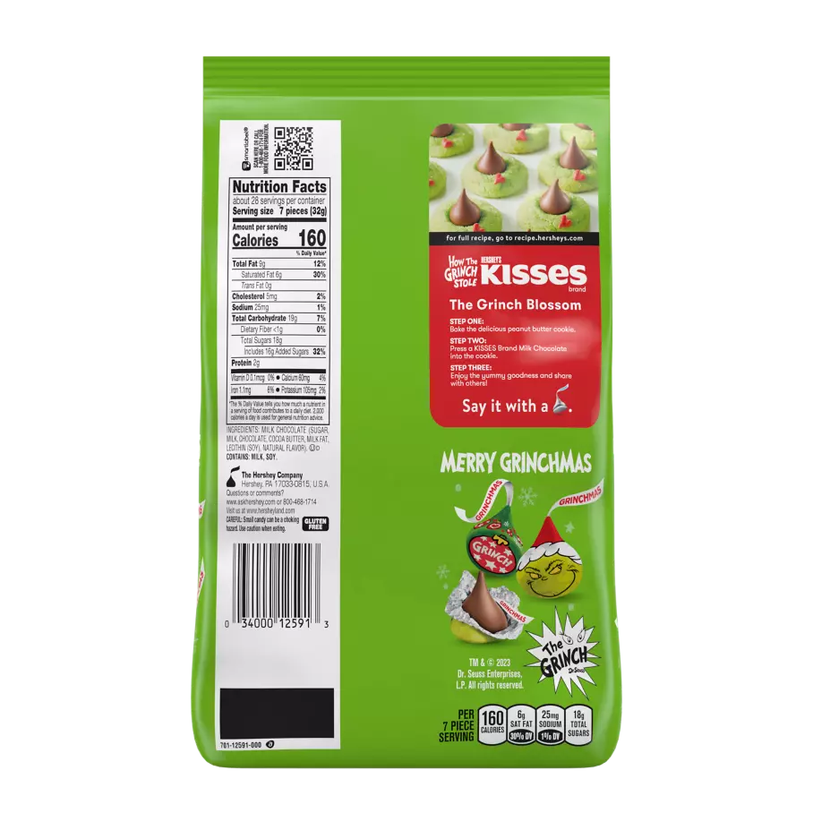 HERSHEY'S KISSES Milk Chocolates with Grinch® Foils, 32.1 oz bag - Back of Package