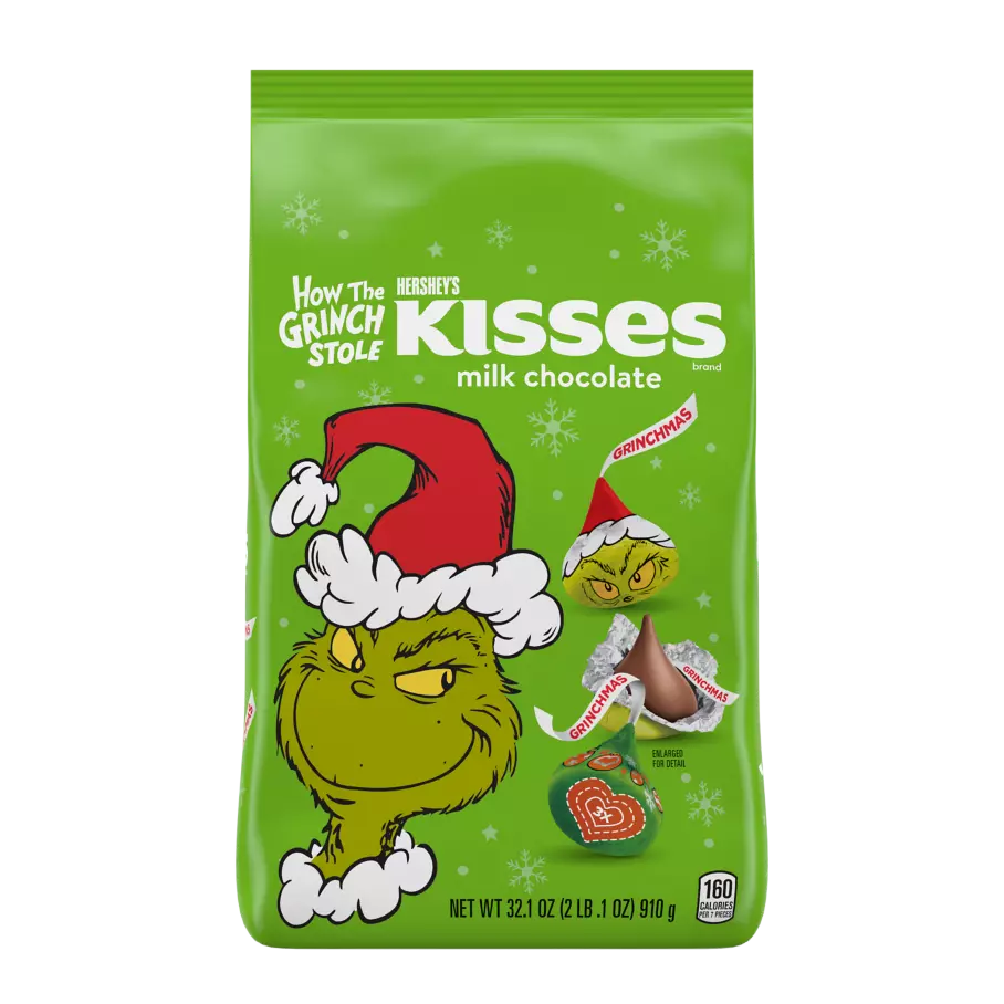 HERSHEY'S KISSES Milk Chocolates with Grinch® Foils, 32.1 oz bag - Front of Package