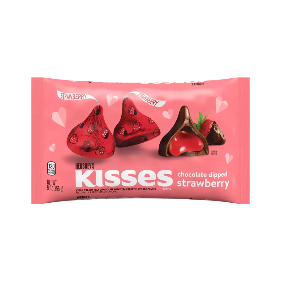 HERSHEY'S KISSES Chocolate Dipped Strawberry Candy, 9 oz bag - Front of Package