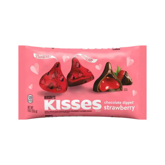 HERSHEY'S KISSES Chocolate Dipped Strawberry Candy, 9 oz bag - Front of Package