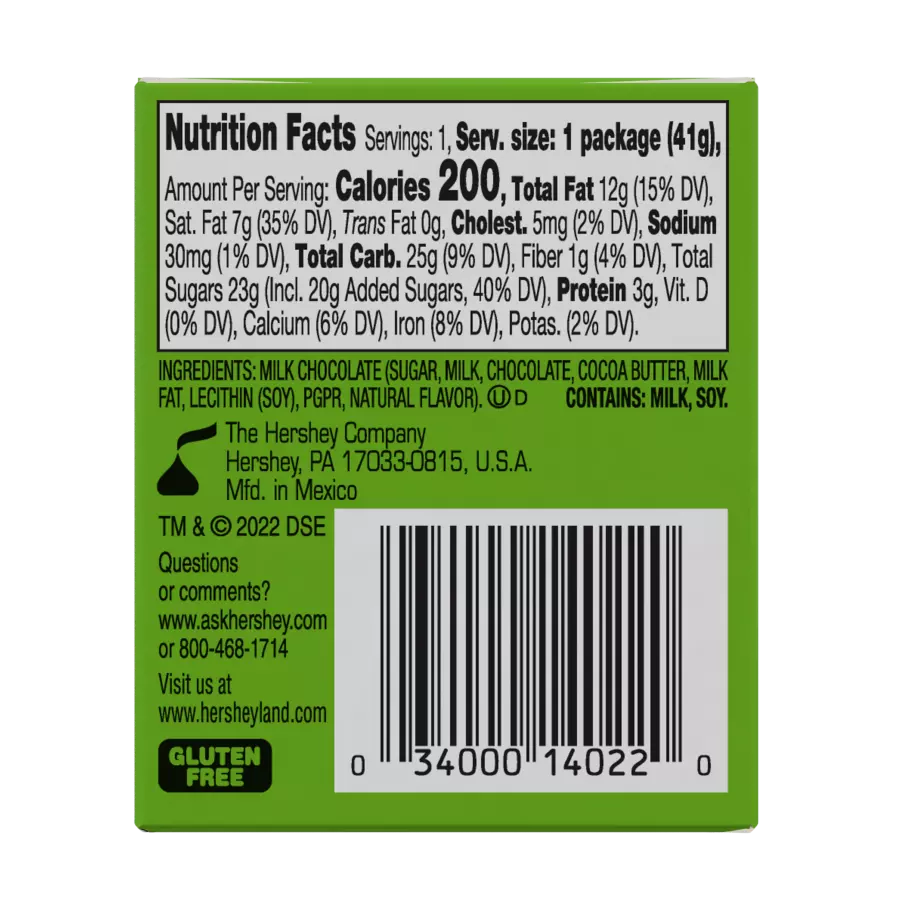 HERSHEY'S KISSES Milk Chocolates with Grinch® Foils, 1.45 oz box - Back of Package