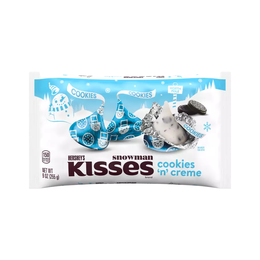 HERSHEY'S KISSES Snowman Foils COOKIES 'N' CREME Candy, 9 oz bag - Front of Package