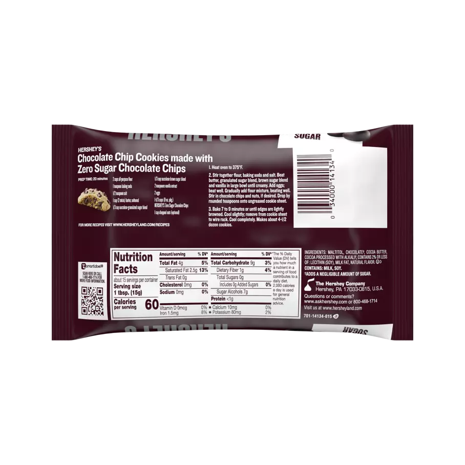 HERSHEY'S Zero Sugar Chocolate Chips, 8 oz bag - Back of Package