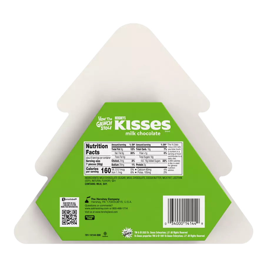 HERSHEY'S KISSES Milk Chocolates with Grinch® Foils, 6.5 oz gift box - Back of Package