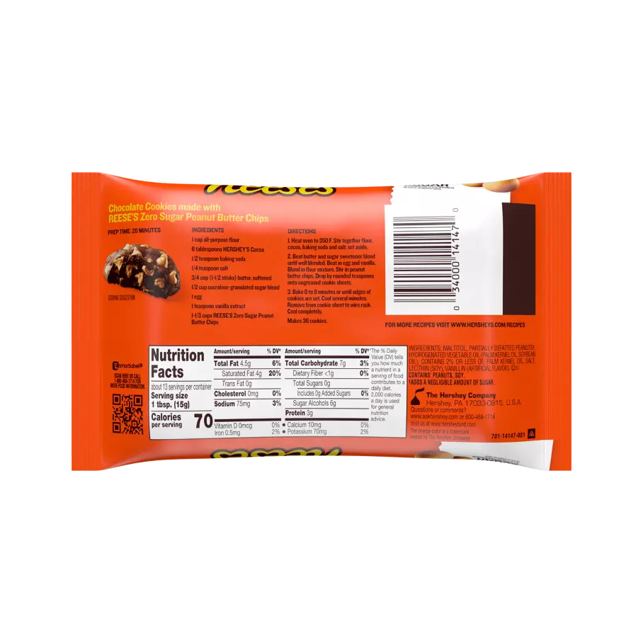 REESE'S Zero Sugar Peanut Butter Chips, 7 oz bag - Back of Package