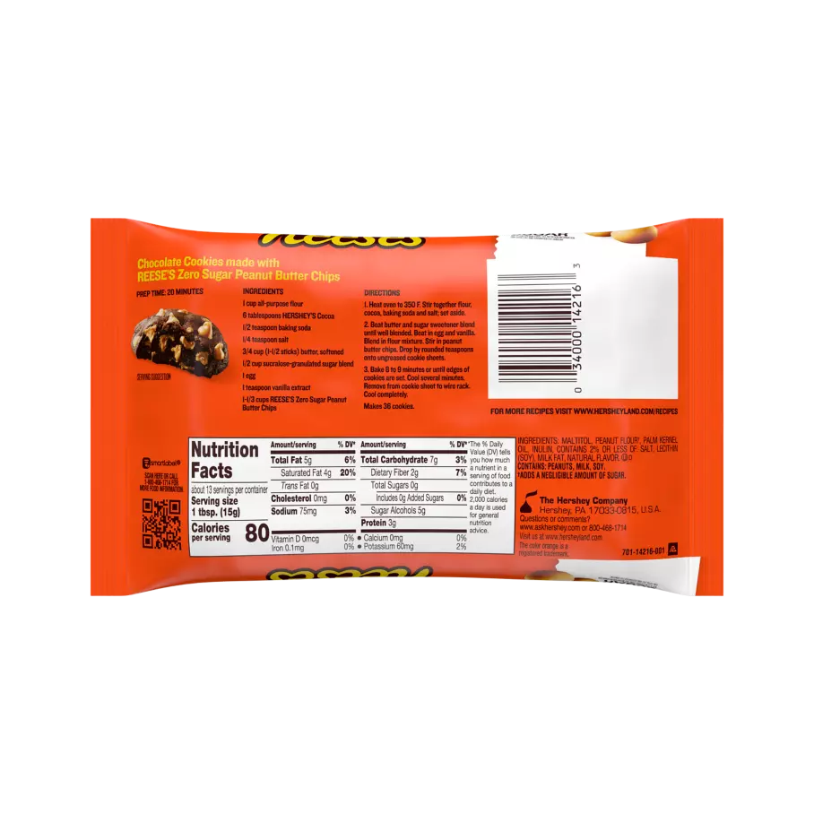 REESE'S Zero Sugar Peanut Butter Chips, 7 oz bag - Back of Package