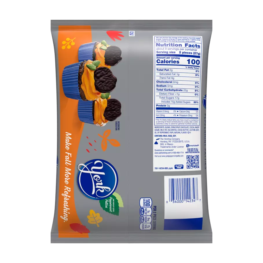 YORK Dark Chocolate Peppermint Pattie Pumpkins - Back of Package
