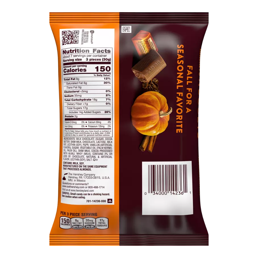 HERSHEY'S NUGGETS Milk Chocolate Pumpkin Spice Latte Flavored Candy, 7.2 oz bag - Back of Package
