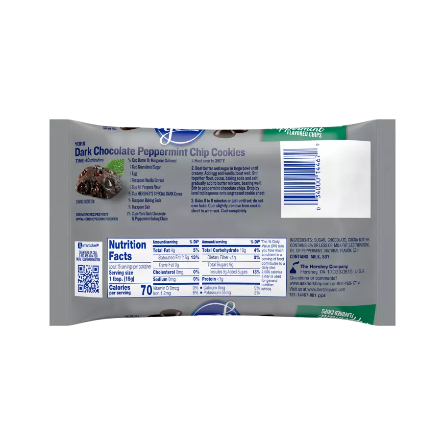 YORK Dark Chocolate & Peppermint Chips, 8 oz bag - Back of Package