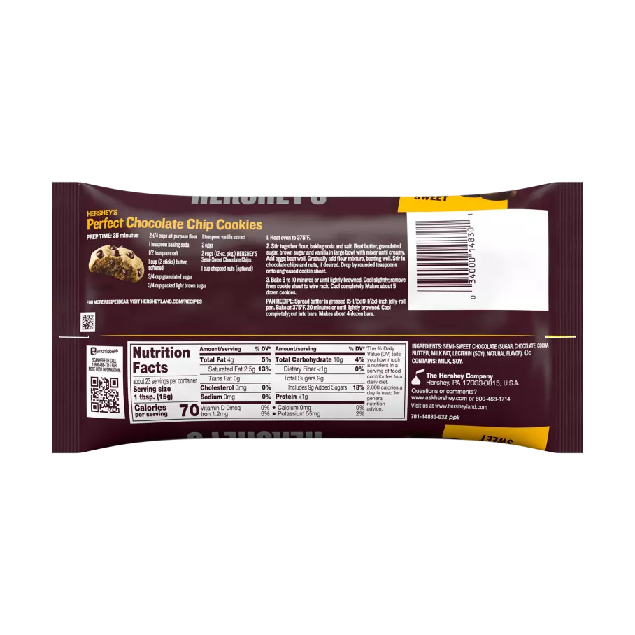 HERSHEY'S Semi-Sweet Chocolate Chips, 12 oz bag - Back of Package