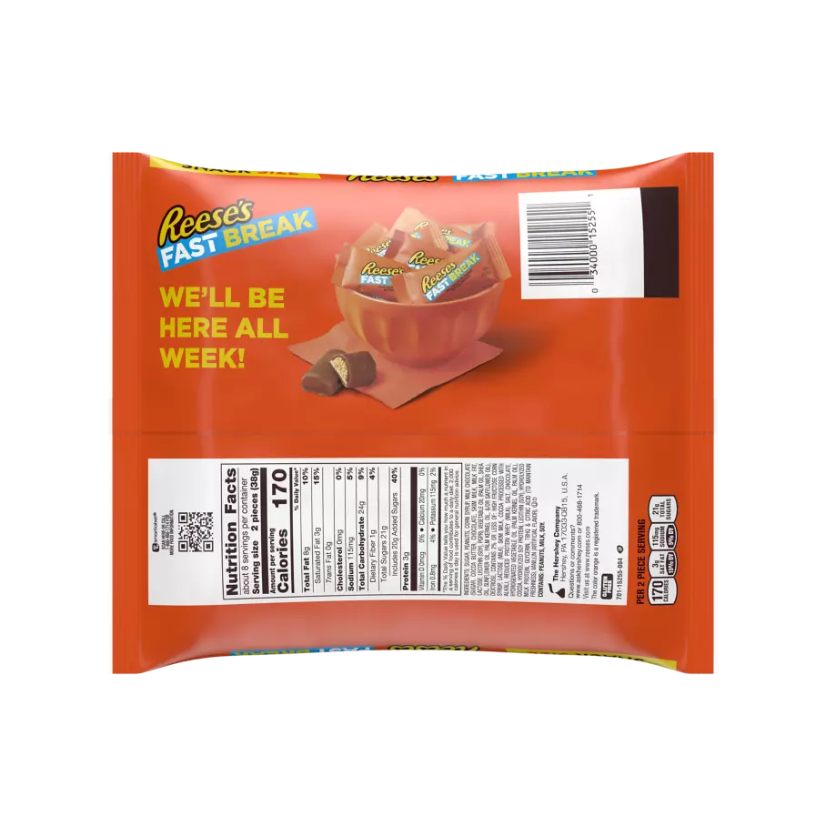 REESE'S FAST BREAK Milk Chocolate Peanut Butter Snack Size Candy Bars, 10.1 oz bag - Back of Package
