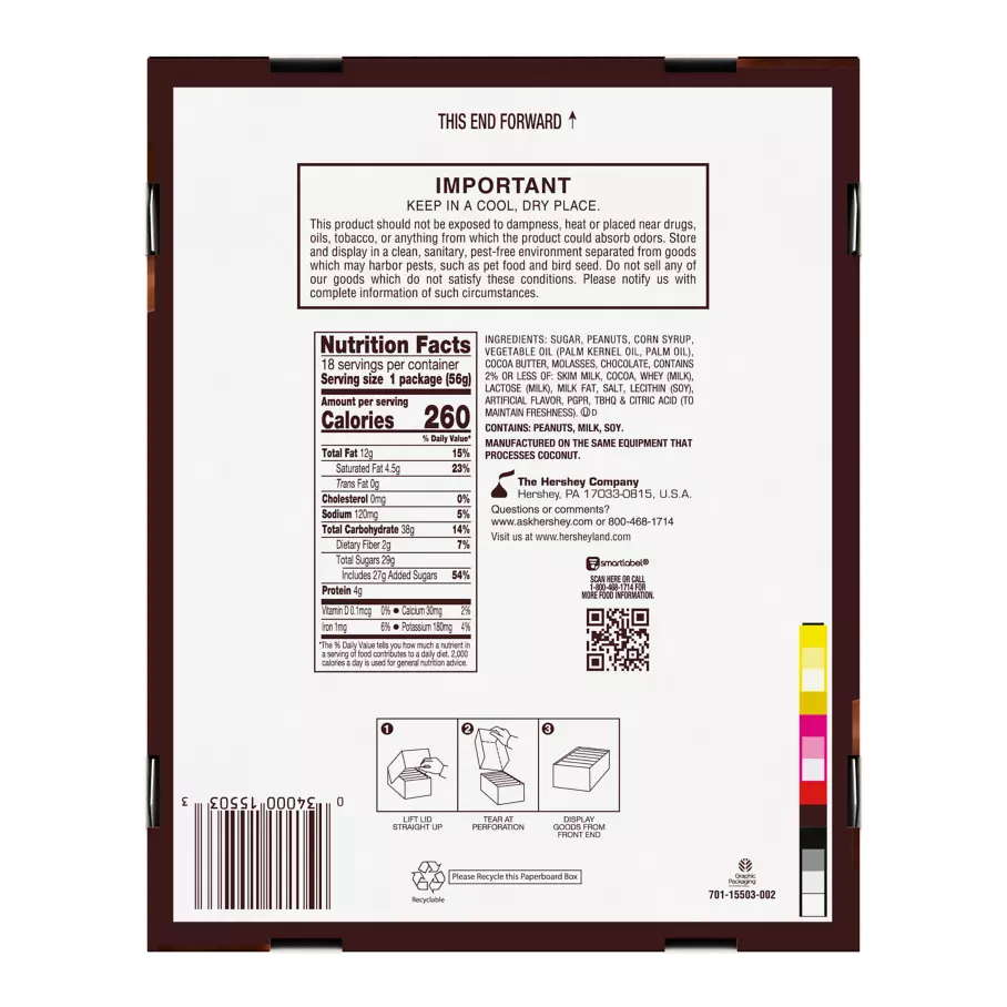 5TH AVENUE Crunchy Peanut Butter in Chocolate Candy Bars, 2 oz box, 18 count - Bottom of Package