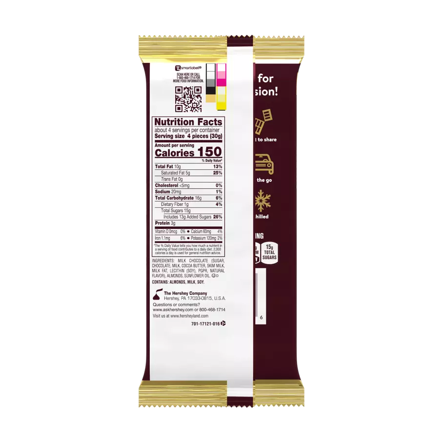 HERSHEY'S Milk Chocolate with Almonds XL Candy Bar, 4.25 oz - Back of Package