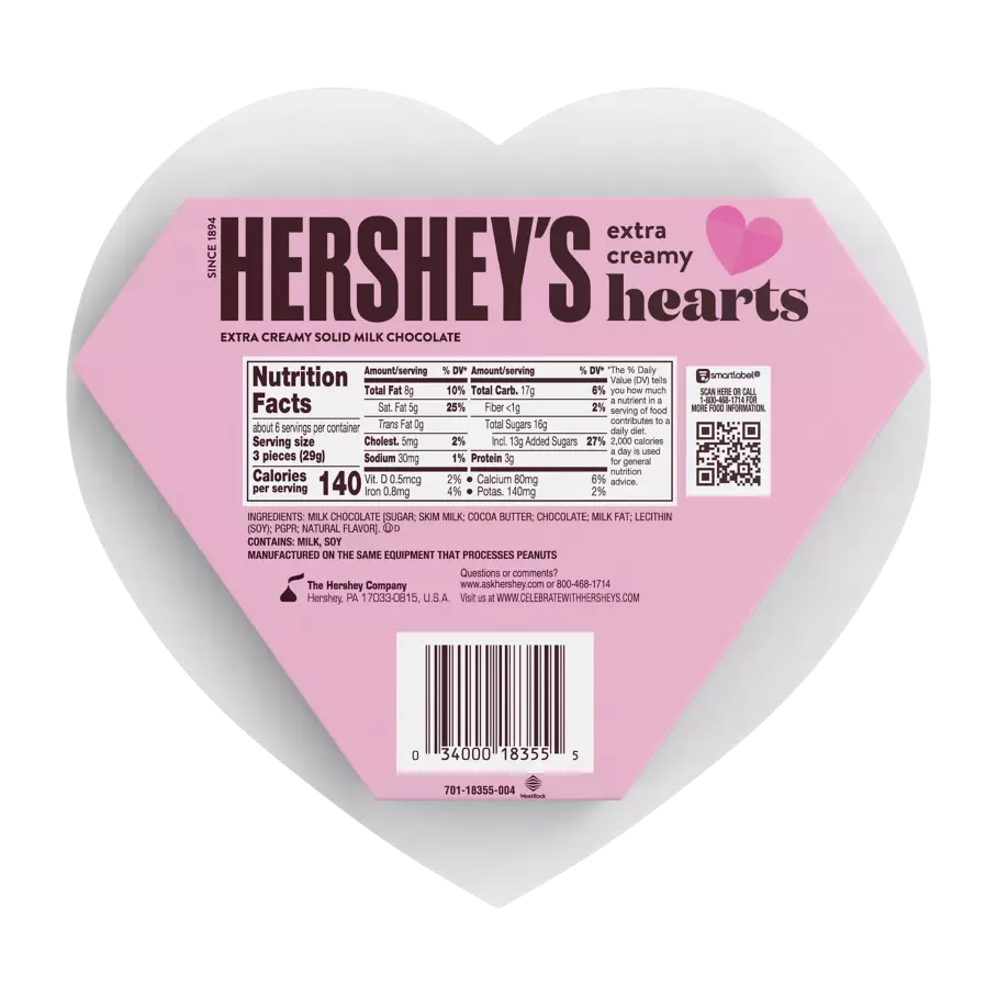 HERSHEY'S Extra Creamy Milk Chocolate Hearts, 6.4 oz box - Back of Package