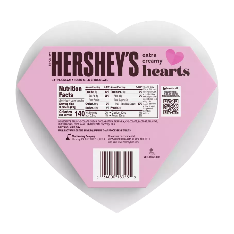 HERSHEY'S Extra Creamy Milk Chocolate Hearts, 6.4 oz gift box - Back of Package