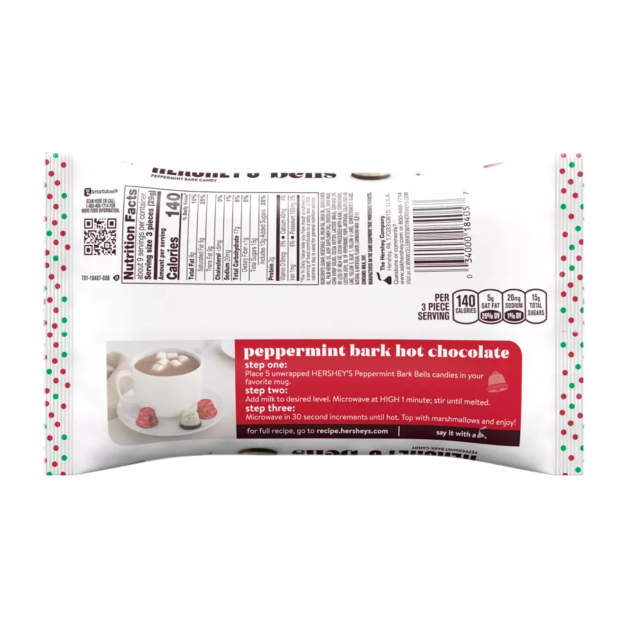 HERSHEY'S Peppermint Bark Bells, 9 oz bag - Back of Package