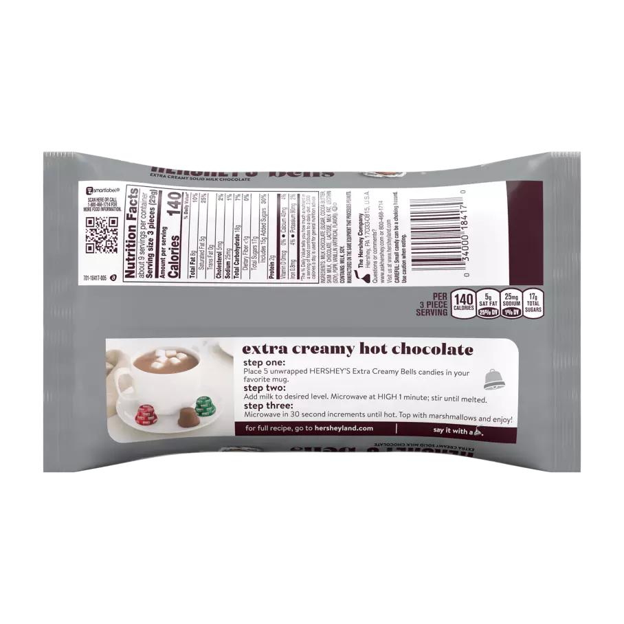 HERSHEY'S Holiday Milk Chocolate Bells, 9 oz bag - Back of Package