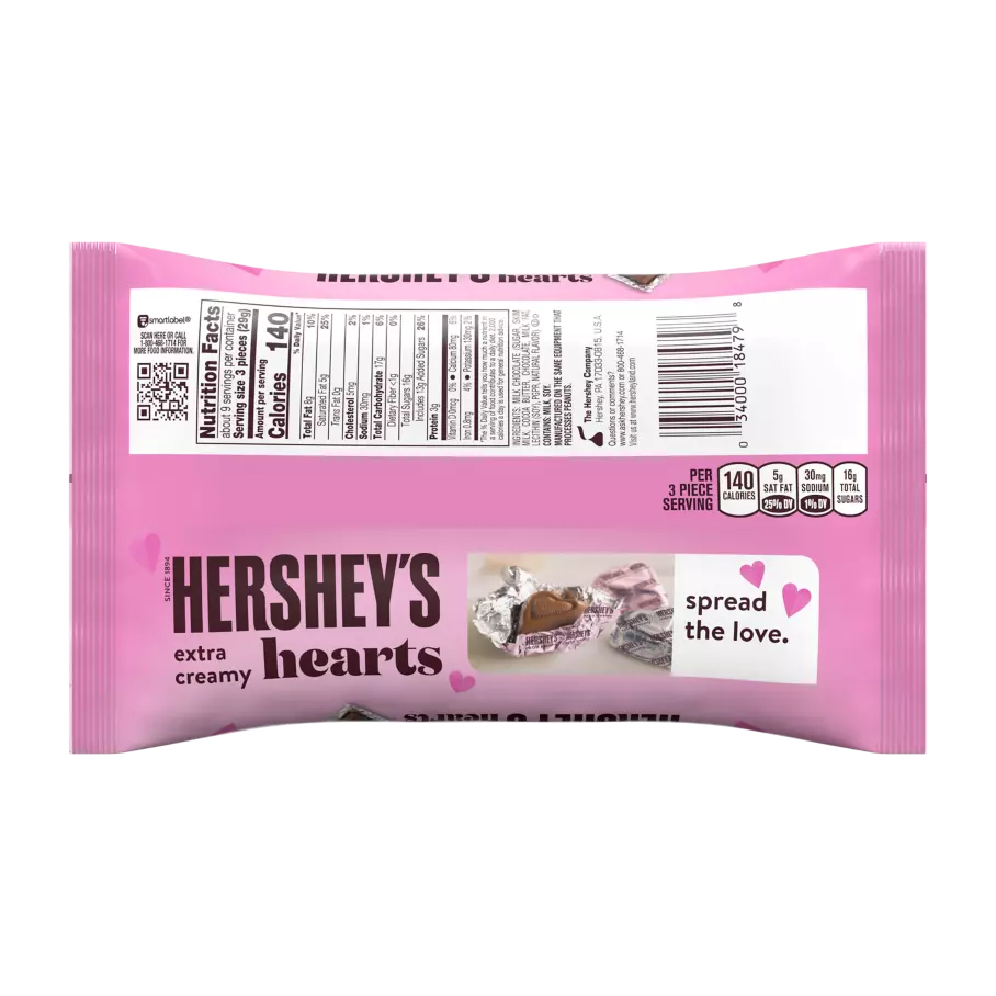 HERSHEY'S Extra Creamy Milk Chocolate Hearts, 9.2 oz bag - Back of Package