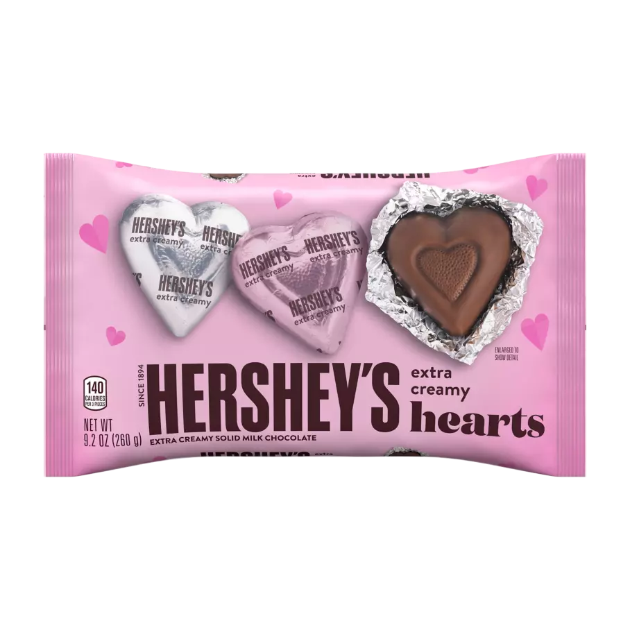 HERSHEY'S Extra Creamy Milk Chocolate Hearts, 9.2 oz bag - Front of Package