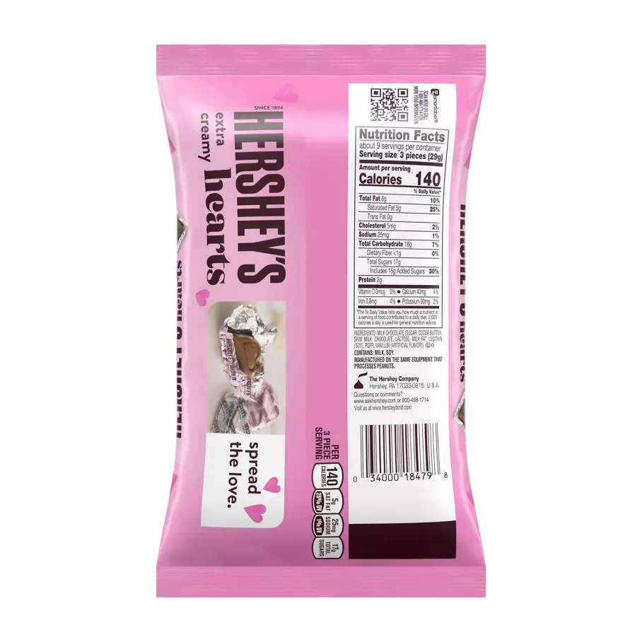 HERSHEY'S Extra Creamy Milk Chocolate Hearts, 9.2 oz bag - Back of Package