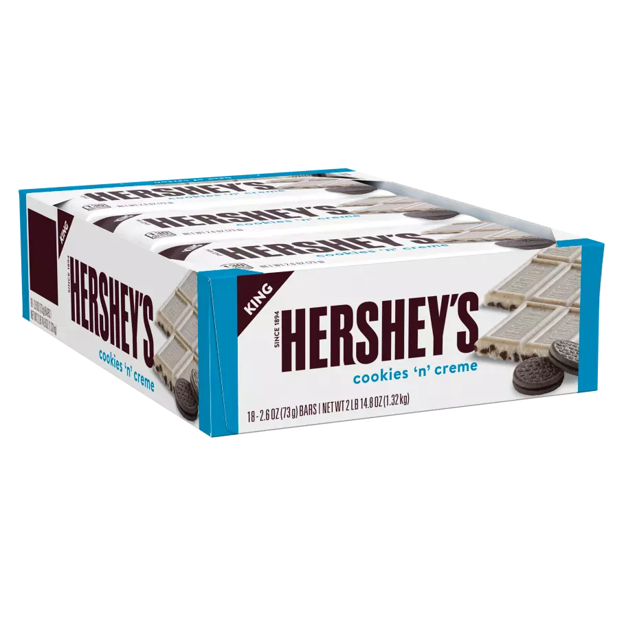 HERSHEY'S COOKIES 'N' CREME King Size Candy Bars, 2.6 oz, 18 count box - Front of Package