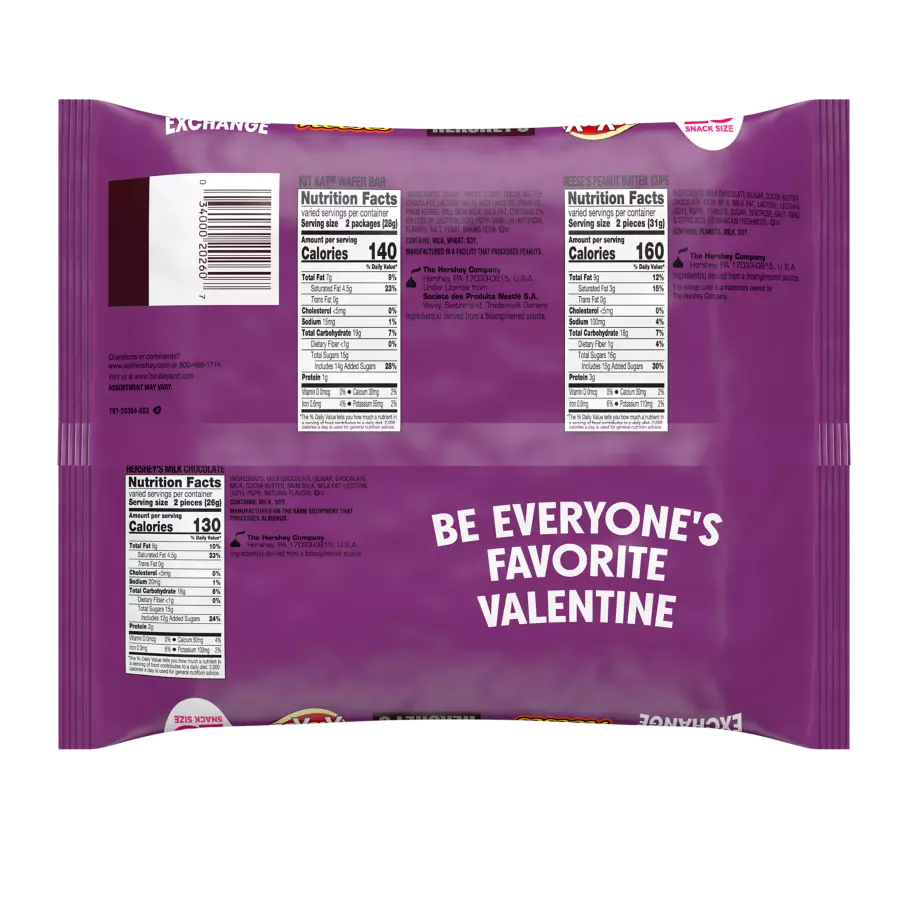 Hershey Valentine's Exchange Snack Size Assortment, 12.47 oz bag, 25 pieces - Back of Package