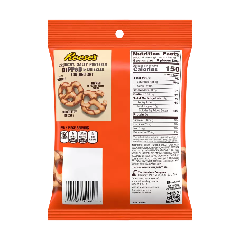 REESE'S Dipped Pretzels Chocolate Peanut Butter Snack, 4.25 oz bag - Back of Package