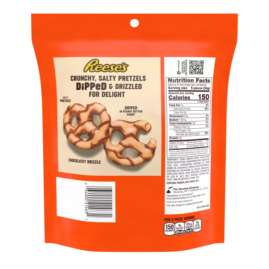REESE'S Dipped Pretzels Chocolate Peanut Butter Snack, 8.5 oz bag - Back of Package