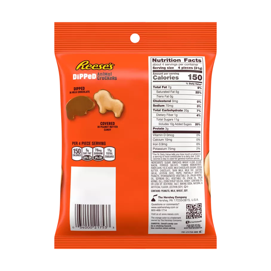 REESE'S DiPPeD Milk Chocolate Peanut Butter Animal Crackers, 4.25 oz bag - Back of Package