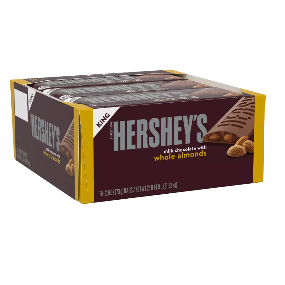 HERSHEY'S Milk Chocolate with Almonds King Size Candy Bar, 2.6 oz, 18 count box - Front of Package