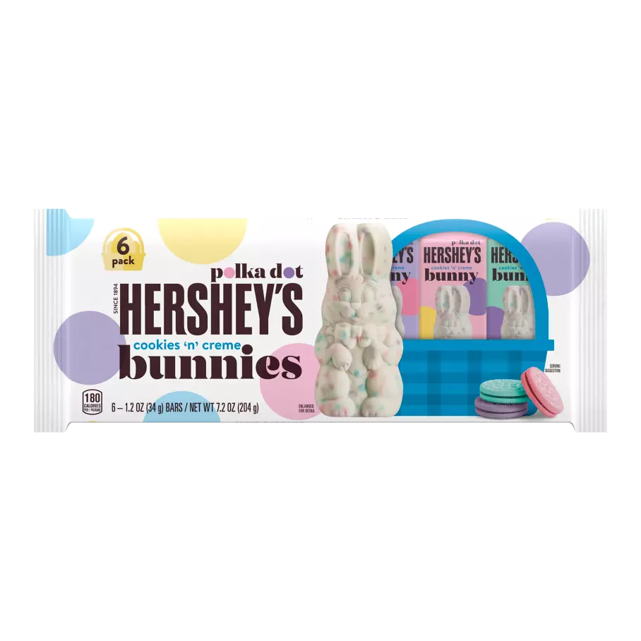 HERSHEY'S Cookies 'N' Creme Polka Dot Bunnies, 1.2 oz, 6 pack - Front of Package
