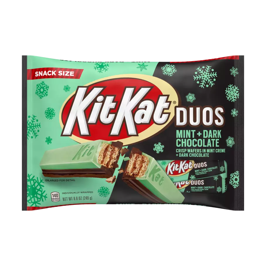 KIT KAT® DUOS Holiday Mint and Dark Chocolate Snack Size Candy Bars, 8.8 oz bag - Front of Package