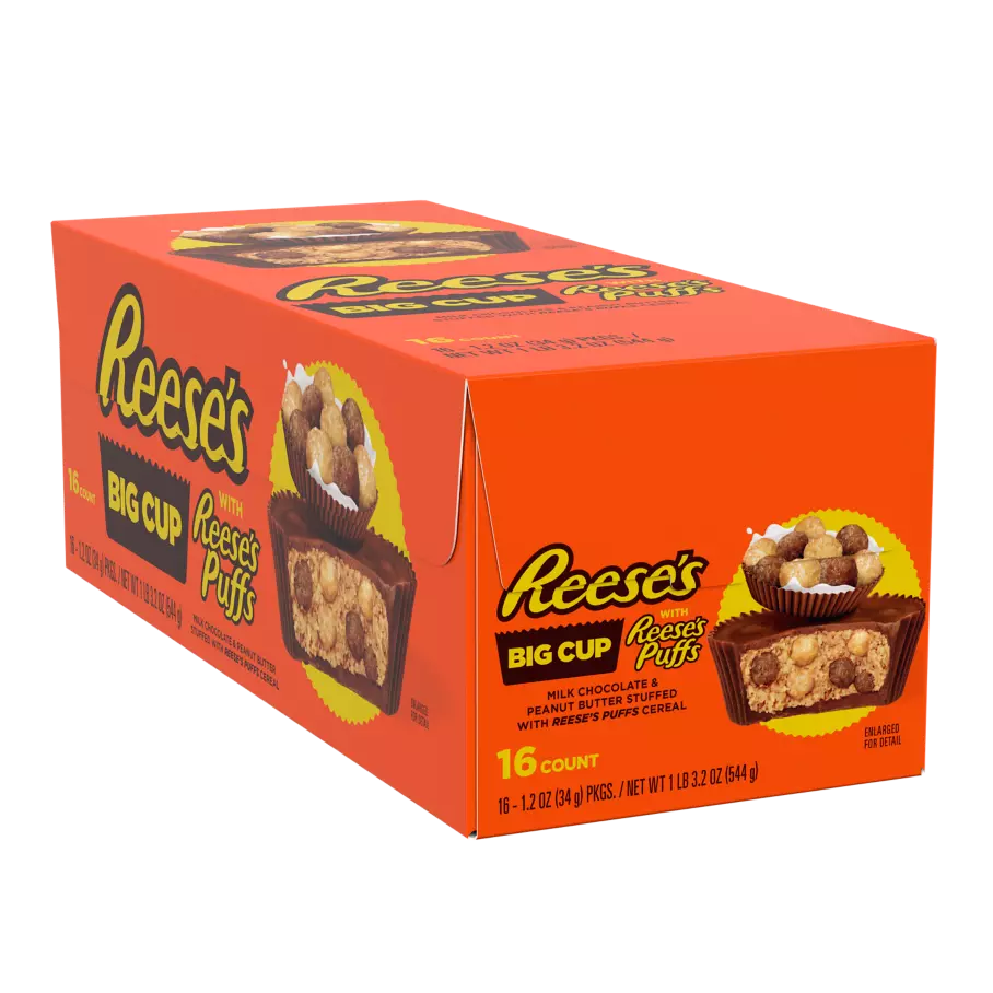 REESE'S Big Cup with REESE'S PUFFS Cereal Milk Chocolate Peanut Butter Cups, 1.2 oz, 16 count box - Front of Package