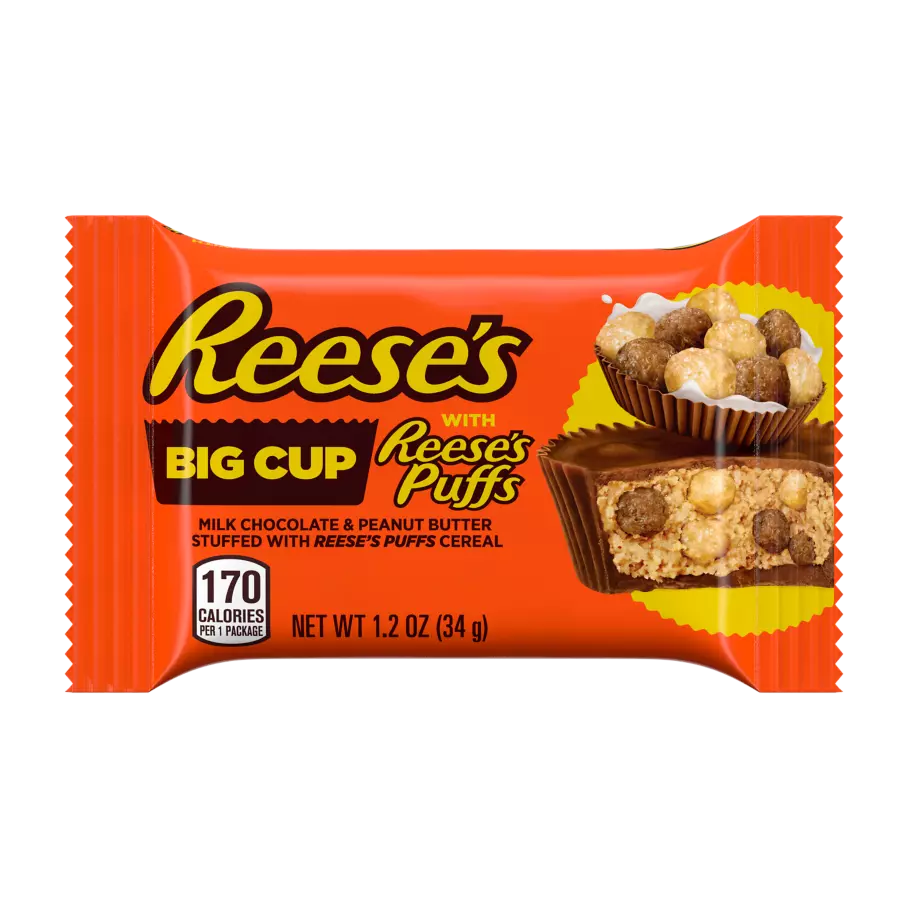 REESE'S Big Cup with REESE'S PUFFS Cereal Milk Chocolate Peanut Butter Cup, 1.2 oz - Front of Package