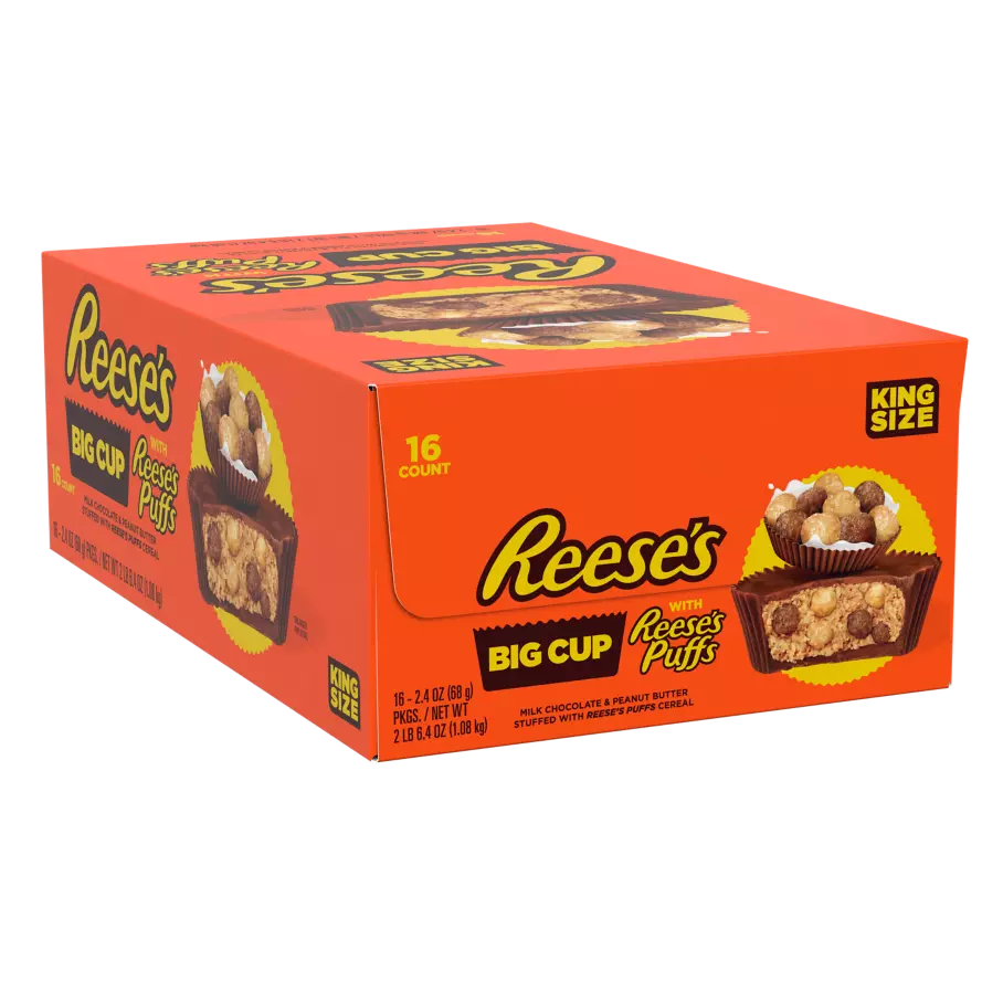 REESE'S Big Cup with REESE'S PUFFS Cereal Milk Chocolate King Size Peanut Butter Cups, 2.4 oz, 16 count box - Front of Package