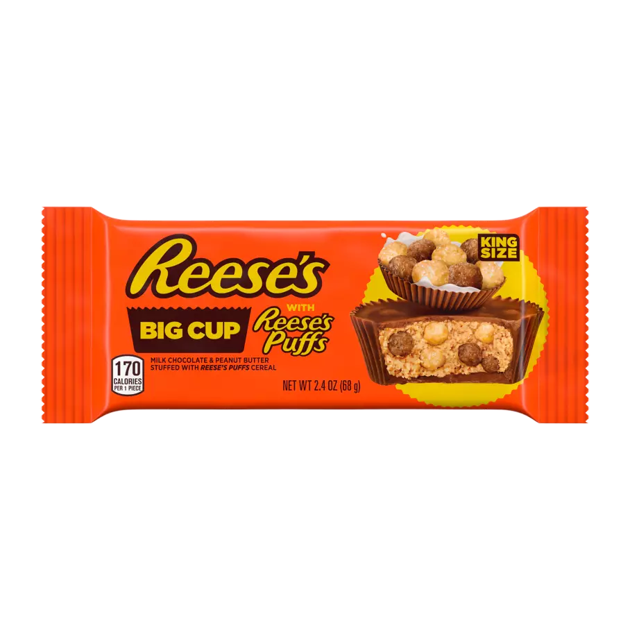 REESE'S Big Cup with REESE'S PUFFS Cereal Milk Chocolate King Size Peanut Butter Cups, 2.4 oz - Front of Package