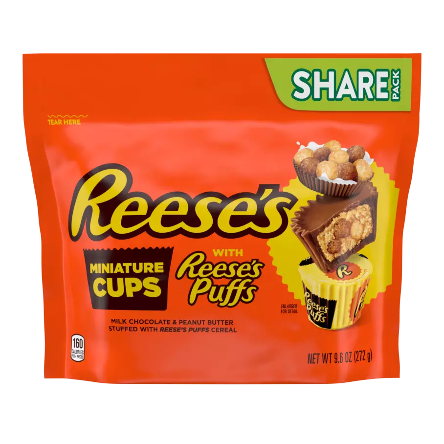 REESE'S Big Cup with REESE'S PUFFS Cereal Milk Chocolate Miniatures Peanut Butter Cups, 9.6 oz bag - Front of Package