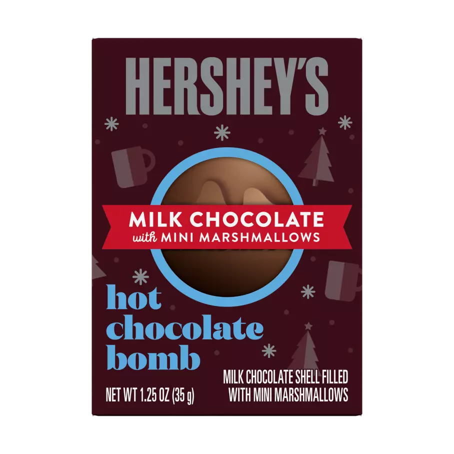 HERSHEY'S Holiday Milk Chocolate with Mini Marshmallows Hot Chocolate Bomb, 1.25 oz box - Front of Package