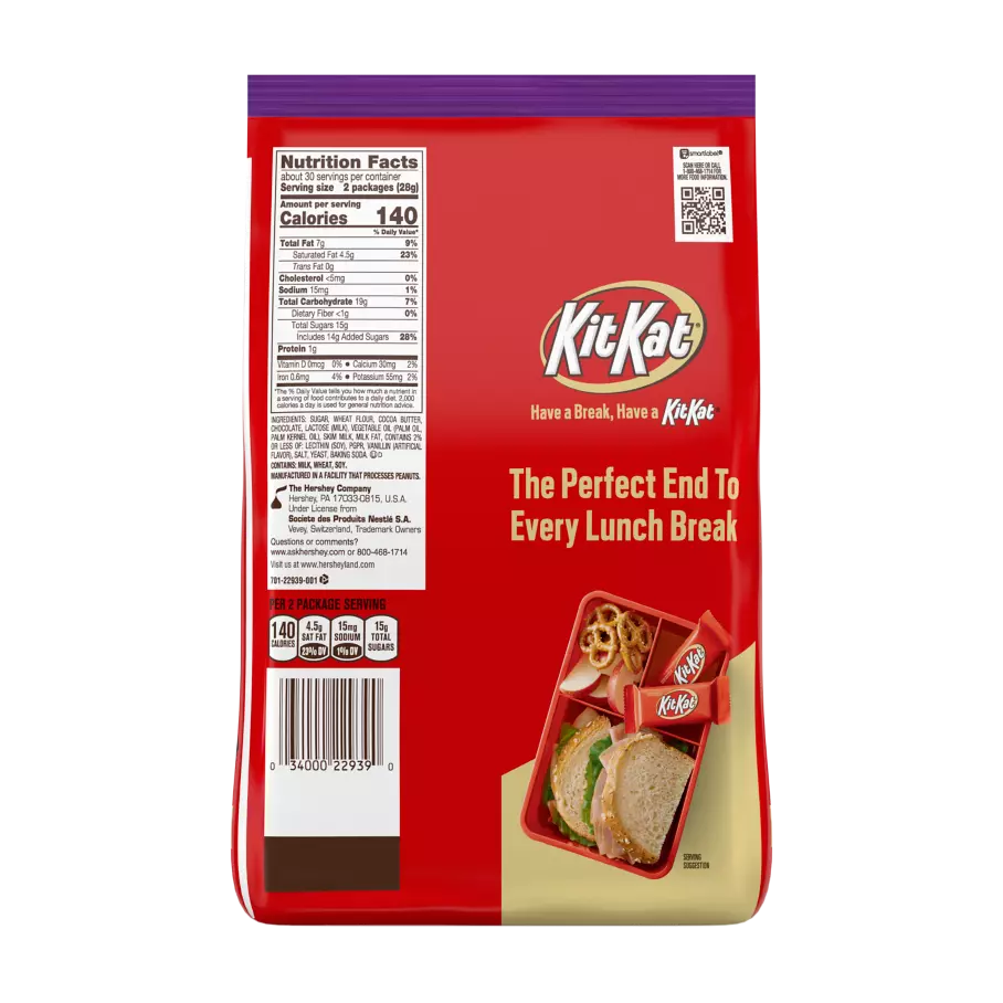 KIT KAT® Halloween Milk Chocolate Snack Size Candy Bars, 29.4 oz bag, 60 pieces - Back of Package
