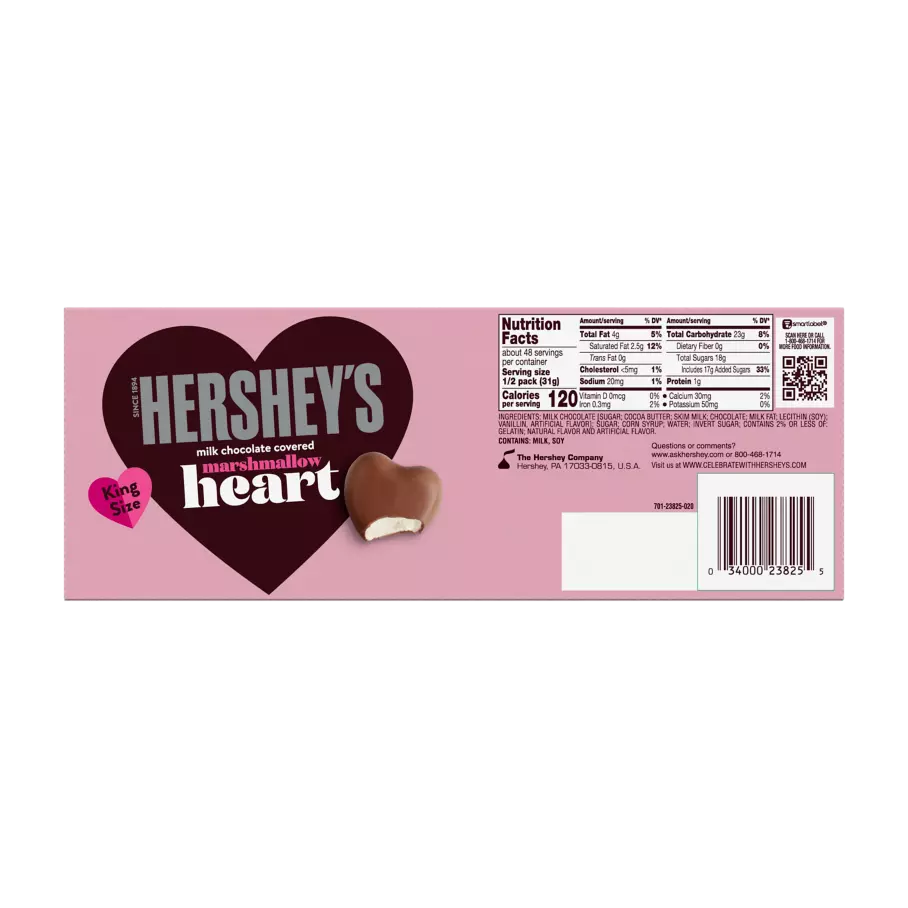 HERSHEY'S Milk Chocolate King Size Marshmallow Heart, 2.2 oz - Back of Package