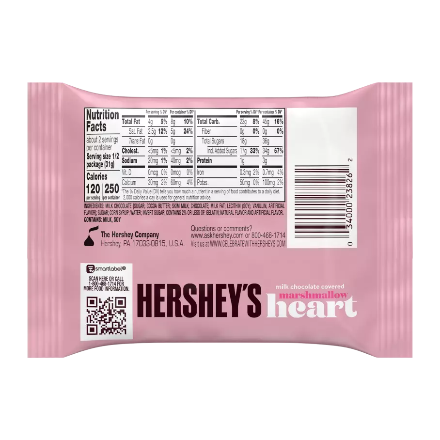 HERSHEY'S Milk Chocolate King Size Marshmallow Heart, 2.2 oz - Back of Package