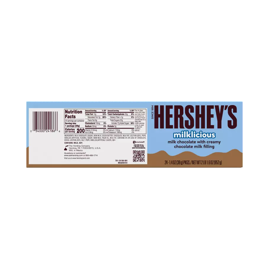 HERSHEY'S MILKLICIOUS Milk Chocolate Candy Bars, 1.4 oz, 24 count box - Back of Package