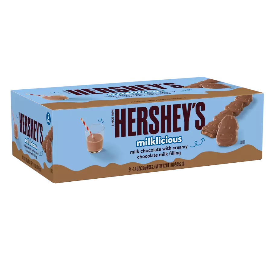 HERSHEY'S MILKLICIOUS Milk Chocolate Candy Bars, 1.4 oz, 24 count box - Front of Package