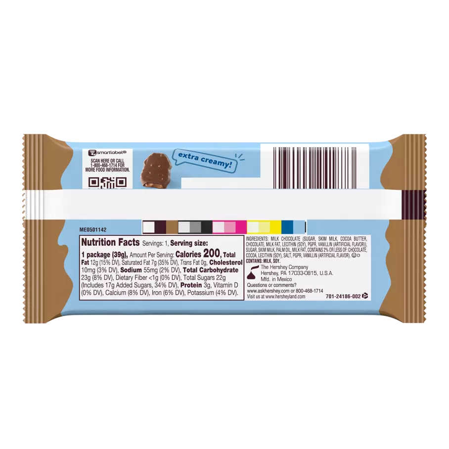 HERSHEY'S MILKLICIOUS Milk Chocolate Candy Bar, 1.4 oz - Back of Package