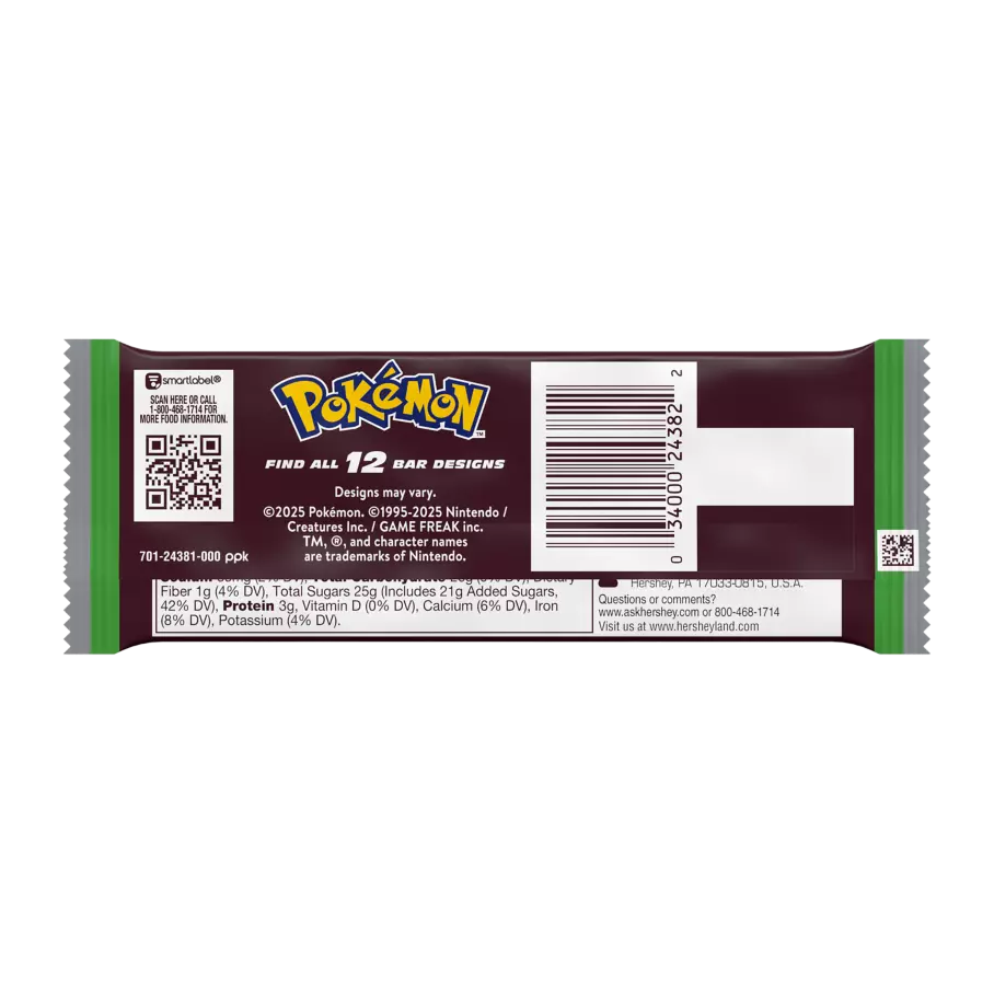 HERSHEY'S Milk Chocolate Pokémon Special Edition Candy Bar, 1.55 oz - Back of Package