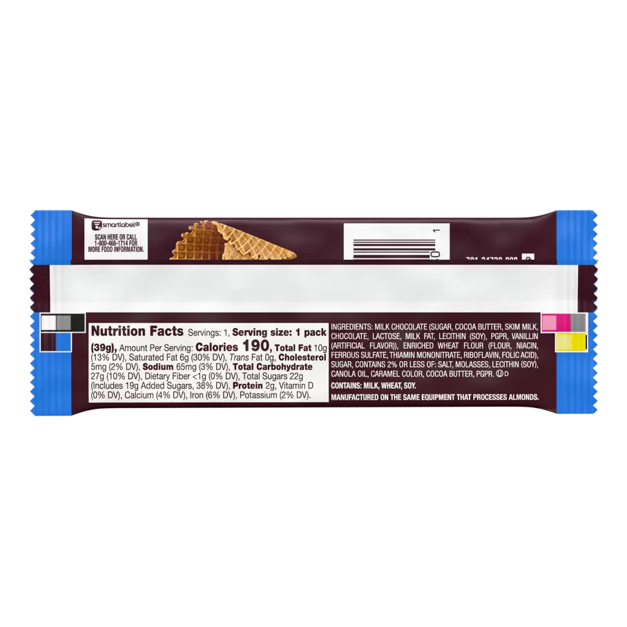 HERSHEY'S Milk Chocolate with Crunchy Waffle Cone Pieces Candy Bar, 1.4 oz - Back of Package