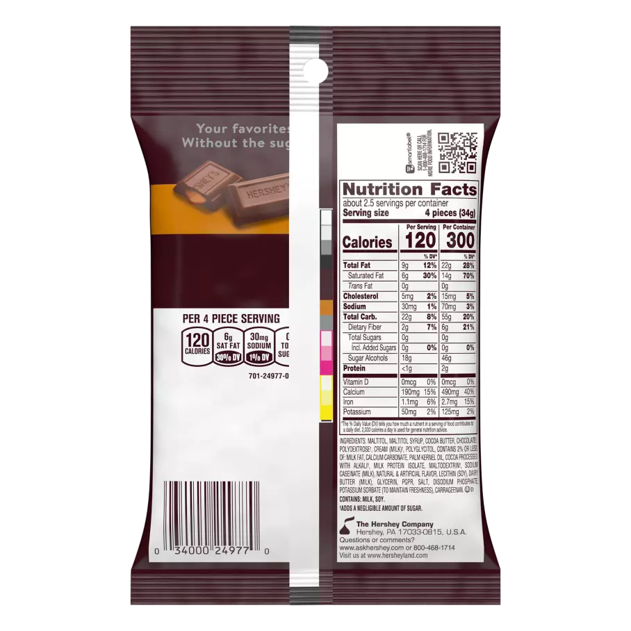 HERSHEY'S Zero Sugar Caramel Filled Chocolate Candy, 3 oz bag - Back of Package