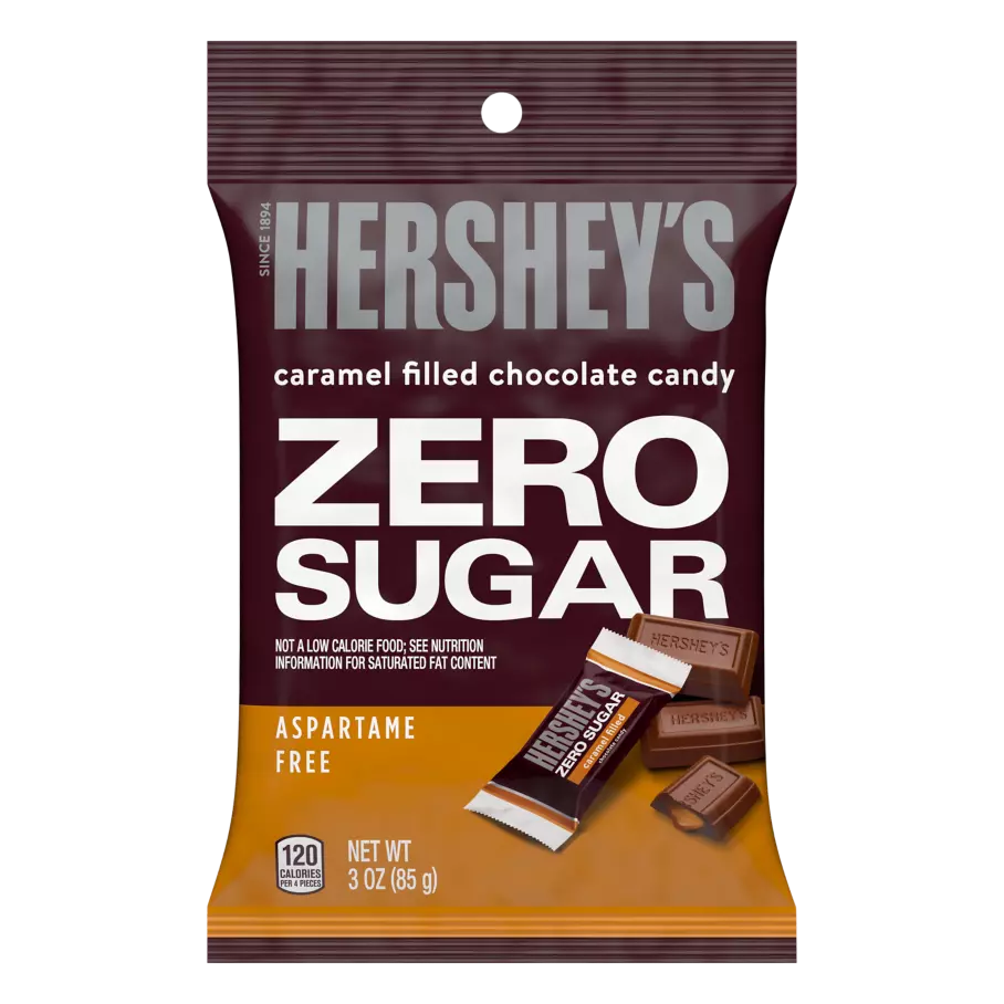 HERSHEY'S Zero Sugar Caramel Filled Chocolate Candy, 3 oz bag - Front of Package