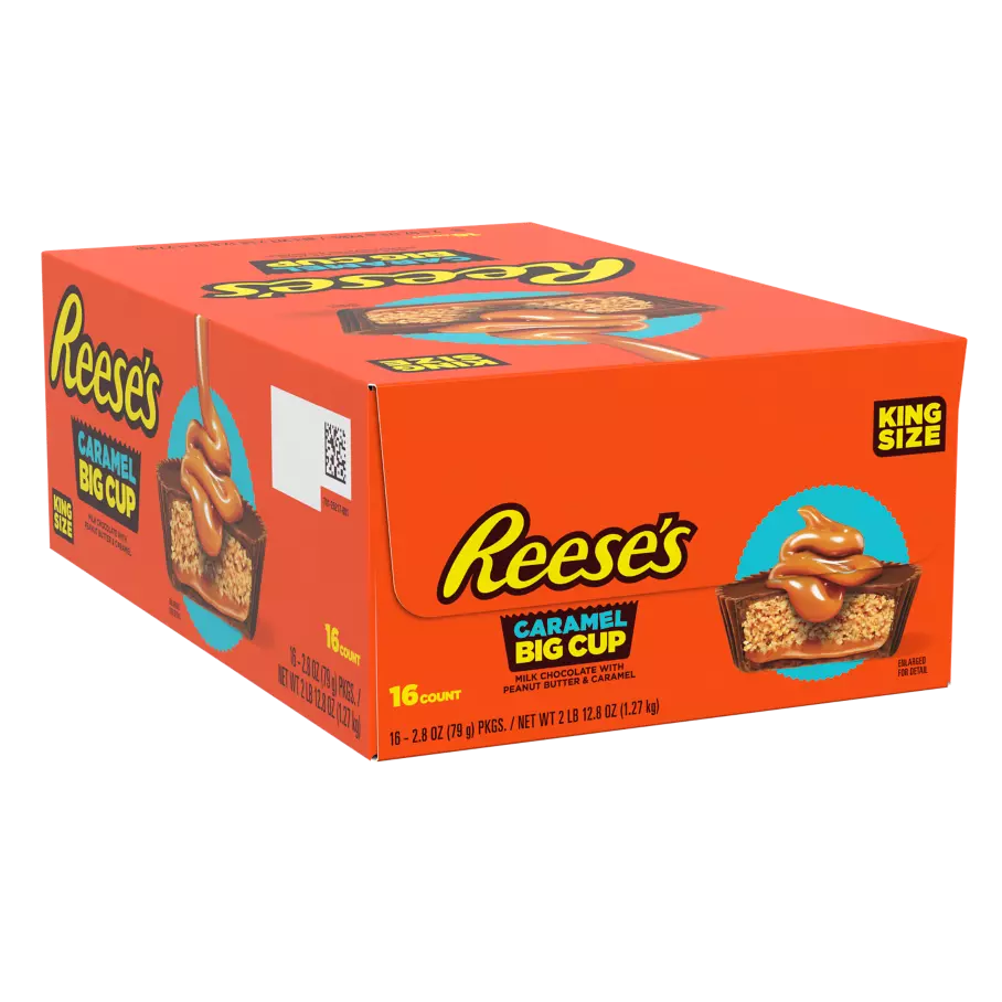 REESE'S Big Cup with Caramel Milk Chocolate King Size Peanut Butter Cups, 2.8 oz, 16 count box - Front of Package